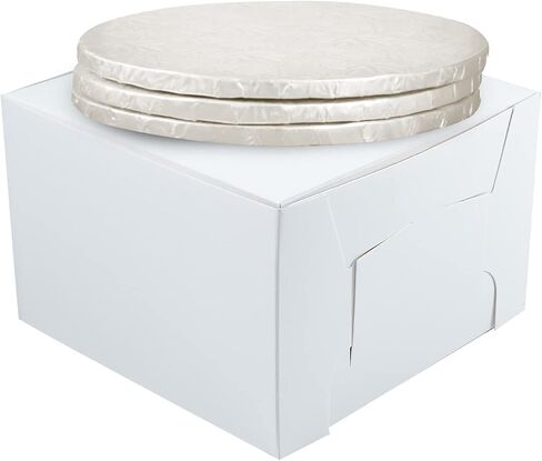 10" Combo Box Set - 10x10x5 1/2 White Cake Box with 10" Silver Round Drum 1/2", Pack of 3 in Saudi Arabia