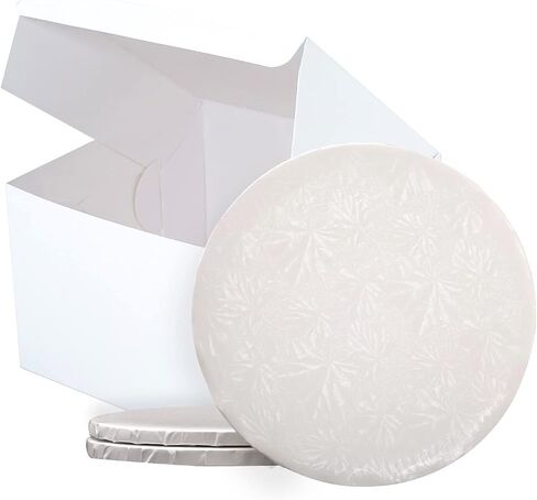 10" Combo Box Set - 10x10x5 1/2 White Cake Box with 10" Silver Round Drum 1/2", Pack of 3 in Saudi Arabia