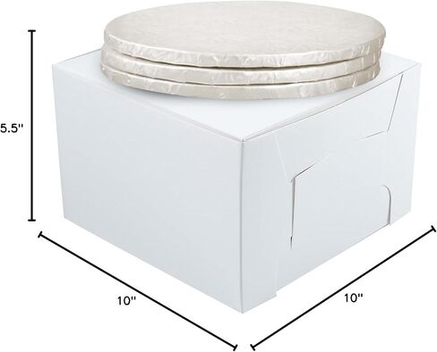 10" Combo Box Set - 10x10x5 1/2 White Cake Box with 10" Silver Round Drum 1/2", Pack of 3 in Saudi Arabia