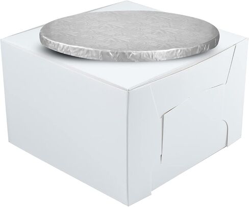 10" Combo Box Set - 10x10x5 1/2 White Cake Box with 10" Silver Round Drum 1/2", Pack of 3 in Saudi Arabia