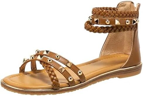 Women's Rivet Strappy Open Toe Flat Sandals,Summer Braid Ankle Strap Beach Flat Gladiator Sandals Fashion Back Zipper Casual Roman Shoes in Saudi Arabia