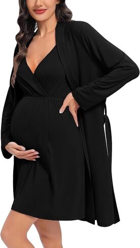 DIKFA Womens Maternity Set 2PCS Nursing Nightgown for Breastfeeding 3 in 1 Labor Delivery Nursing Dress Birthing Bathrobe Set in Saudi Arabia