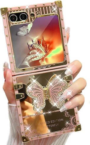 AuroiCYY for Samsung Galaxy Z Flip 6 Case with Kickstand, Glitter Foldable Bling Butterfly Stand Mirror Back Gold Plated Shockproof Protective Elegant Cute Woman Girly Soft Cover for Z flip 6 (Black) in Saudi Arabia