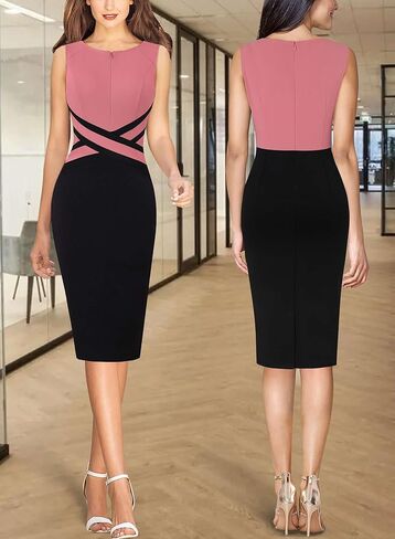 VFSHOW ملابس نسائية للعمل مناسبة بدون أكمام وسحاب أمامي وفستان غمد وحفلات العمل والمكتب وكتل ألوان متقاطعة وخصر جذاب (وردي فاقع، XX-Large) 10720 HPIK XXL in Kuwait