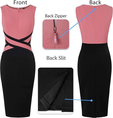 VFSHOW ملابس نسائية للعمل مناسبة بدون أكمام وسحاب أمامي وفستان غمد وحفلات العمل والمكتب وكتل ألوان متقاطعة وخصر جذاب (وردي فاقع، XX-Large) 10720 HPIK XXL in Kuwait