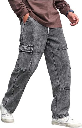 Verdusa Men's Drawstring Waist Flap Pockets Cargo Jeans Denim Pants with Slant Pockets in Saudi Arabia