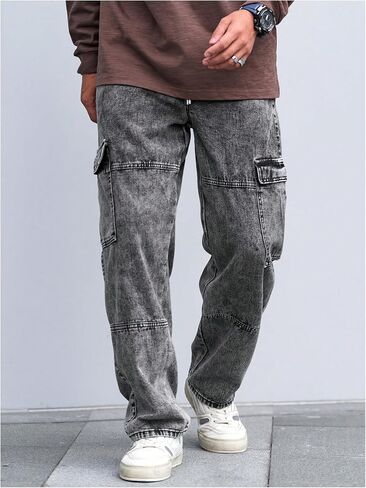 Verdusa Men's Drawstring Waist Flap Pockets Cargo Jeans Denim Pants with Slant Pockets in Saudi Arabia
