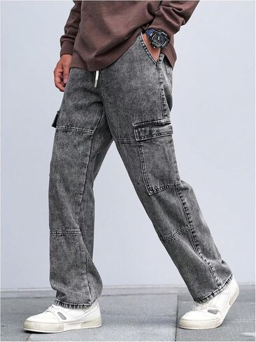 Verdusa Men's Drawstring Waist Flap Pockets Cargo Jeans Denim Pants with Slant Pockets in Saudi Arabia