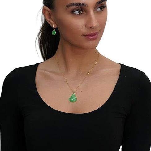 Real 14k 16-inch Natural Jade or Onyx Carved Smiling Buddha Pendant Necklace (24mm x 30mm) in Saudi Arabia