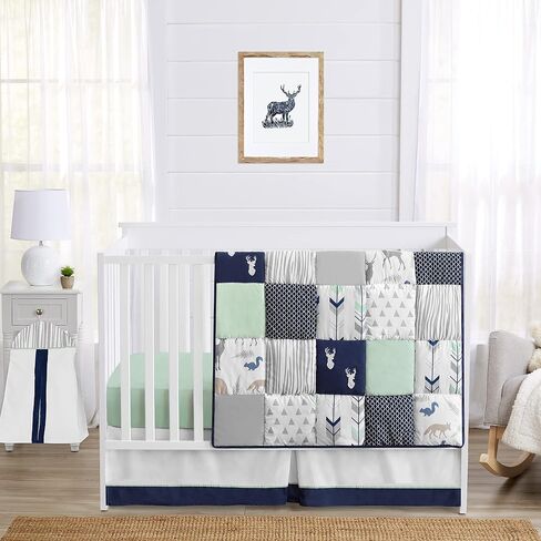 مجموعة مفروشات سرير أطفال من Sweet Jojo Designs باللون البيج والرمادي والأبيض من Boho Mountain Animal Gray Woodland Forest Friends للأطفال من الجنسين - 4 قطع - دب ثعلب الغزلان in Saudi Arabia