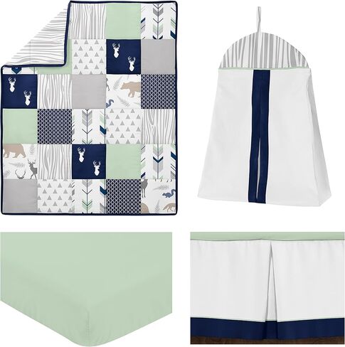 مجموعة مفروشات سرير أطفال من Sweet Jojo Designs باللون البيج والرمادي والأبيض من Boho Mountain Animal Gray Woodland Forest Friends للأطفال من الجنسين - 4 قطع - دب ثعلب الغزلان in Saudi Arabia