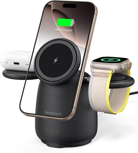 Charging Station for iPhone 16, 3 in 1 Wireless Charger Compatible with MagSafe for iPhone 15/14/13/12 Series, for Apple Watch Series 10-2, for AirPods 4/3/Pro, SwanScout 707M (No Adapter) in Saudi Arabia