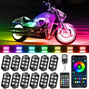 12 قطعة مجموعة إضاءة LED للدراجات النارية، التحكم في التطبيق RGB للدراجات النارية LED أضواء 16 مليون لون مزدوج ضوء الفرامل عن بعد وضع الموسيقى IP68 أضواء دراجة نارية مقاومة للماء مع مفتاح الطاقة
