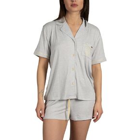 Rae Dunn Women's LOVE Short Sleeve Button Up Notch Collar Shirt with Pocket and Shorts Pajama Set