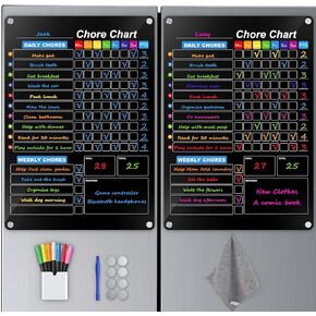 2-Pack Black Magnetic Acrylic Dry Erase Board for Fridge, Responsibility Reward Weekly and Daily Chore Chart Planing Board for Kids/Adults/Teens, Includes 7 Colorful Markers, 16"x12"