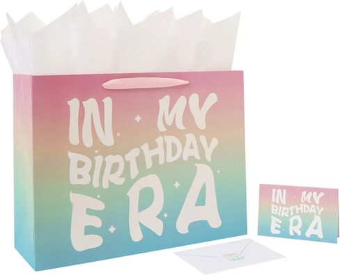 13" Large Rainbow Happy Birthday Gift Bag Set with Handles, Greeting Card, Tissue Papers and Stickers for Girls Women Kids Teens, In My Birthday Era Design, 1 Pcs in Saudi Arabia