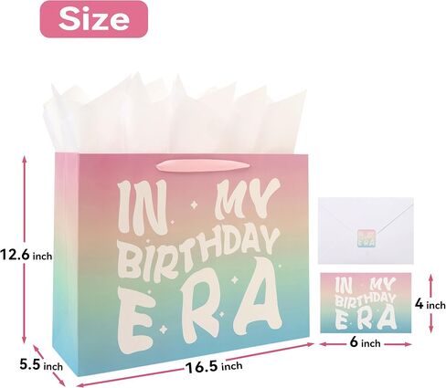 13" Large Rainbow Happy Birthday Gift Bag Set with Handles, Greeting Card, Tissue Papers and Stickers for Girls Women Kids Teens, In My Birthday Era Design, 1 Pcs in Saudi Arabia