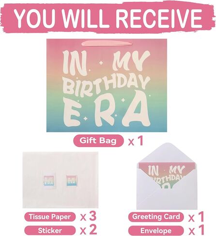 13" Large Rainbow Happy Birthday Gift Bag Set with Handles, Greeting Card, Tissue Papers and Stickers for Girls Women Kids Teens, In My Birthday Era Design, 1 Pcs in Saudi Arabia