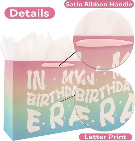 13" Large Rainbow Happy Birthday Gift Bag Set with Handles, Greeting Card, Tissue Papers and Stickers for Girls Women Kids Teens, In My Birthday Era Design, 1 Pcs in Saudi Arabia