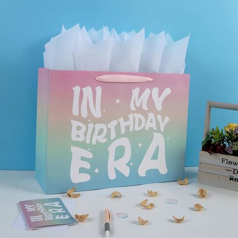 13" Large Rainbow Happy Birthday Gift Bag Set with Handles, Greeting Card, Tissue Papers and Stickers for Girls Women Kids Teens, In My Birthday Era Design, 1 Pcs in Saudi Arabia
