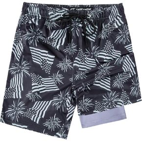 Boys Swim Trunks with Compression Liner Boys Stretch Swim Shorts Quick Dry 2 in 1 Beach Shorts 5-18 Y