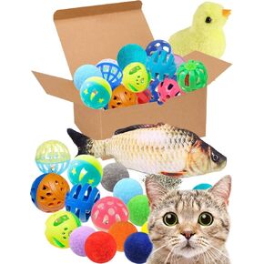 Cat Toys, 19pc Set for Indoor Cats and Kittens, Fuzzy Balls, Jingle Bells, Wind-Up Chick, Catnip Fish, Fun Interactive Play
