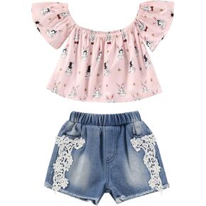 Ledy Champswiin Toddler Girl Summer Clothes Set Floral T-shirts+Denim Shorts 1T 2T 3T 4T 5T 6T Kids Girl Outfits