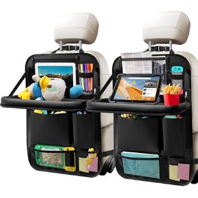 2Pack Car Backseat Organizer with Tablet Holder,6 Storage Pockets with Foldable Food Tray, Car Seat Back Protector Kick Mats Travel Accessories Organizer Black