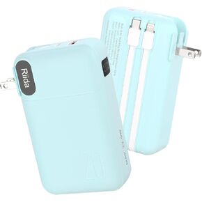 Portable Charger with Built-in Cables, 20000mAh USB-C Power Bank with AC Wall Plug, 4 Output 2 Input Travel Essentials External Battery Pack with LED Display for iPhone, Smartphone, Tablet, etc.