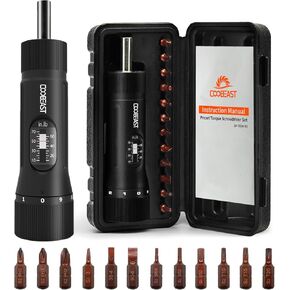 13Pcs Preset Torque Screwdriver with S2 Bits, 1/4" Drive Torque Wrench Screwdriver Set for Maintenance, Tools, Bike Repairing and Mounting, Inch Pound Torque Range 10-70 In-lb