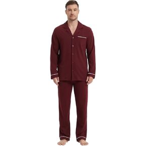 Amaxer Men's 100% Cotton Pajama Set Long Sleeves Pjs Elastic High Waist Sleepwear