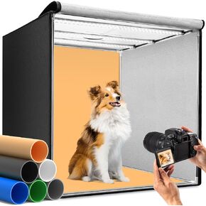 DUCLUS Light Box Photography, 12"x12" Professional Photo Booth Box with 8 Photo Backdrop, 120 LED Lights Dimmable & high CRI>95 Lightbox for Mini Product Photography: Jewelry, Miniature Models etc.