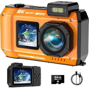 UHD 8K Underwater Camera, 70MP 33FT WiFi Waterproof Digital Camera with 64GB Card, Auto Focus Waterproof Dual-Screen Selfie 2500mAh Battery, 16X Floatable Digital for Snorkeling, Blue