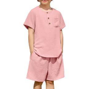 Arshiner Toddler Boy Summer Outfits Short Sleeve Henley T-Shirt & Shorts Set with Pocket for 2-8 Years Kids in Kuwait