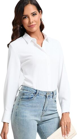 jonivey Womens Stretch Button Down Shirt Long Sleeve Wrinkle-Free Lightweight Smooth Loose Casual Office Work Shirts in Saudi Arabia