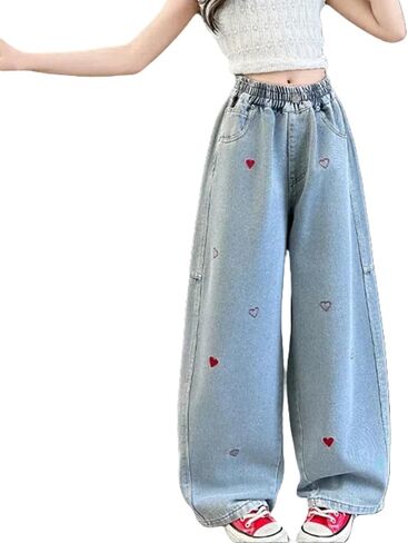 NABER Kids Girls Lovely Heart Pattern Printed Denim Pants Elastic Waist Loose Straight Jeans for 5-15 Years in Saudi Arabia