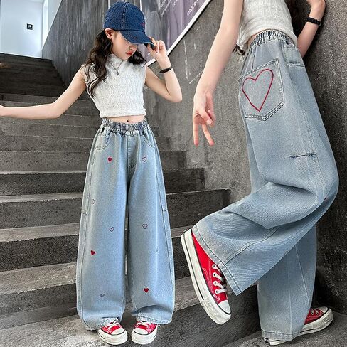 NABER Kids Girls Lovely Heart Pattern Printed Denim Pants Elastic Waist Loose Straight Jeans for 5-15 Years in Saudi Arabia