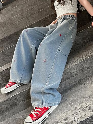 NABER Kids Girls Lovely Heart Pattern Printed Denim Pants Elastic Waist Loose Straight Jeans for 5-15 Years in Saudi Arabia