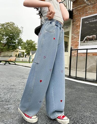 NABER Kids Girls Lovely Heart Pattern Printed Denim Pants Elastic Waist Loose Straight Jeans for 5-15 Years in Saudi Arabia