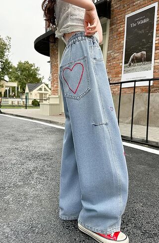NABER Kids Girls Lovely Heart Pattern Printed Denim Pants Elastic Waist Loose Straight Jeans for 5-15 Years in Saudi Arabia