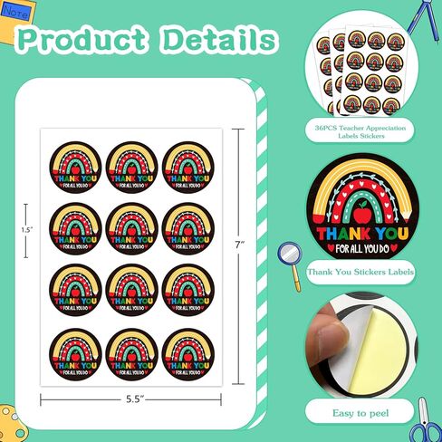 FLYAB 36Pcs Thank You Teacher Sticker Labels 1.5" Apple Teacher Appreciation Gift Tags Stickers Labels Thank You Teacher Round Stickers for Gift Wrap Box Cards Envelope Seals Party Favors Supplies in Kuwait