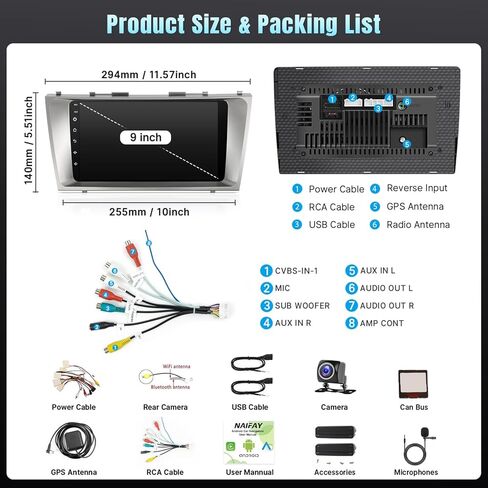 Naifay Car Radio for Toyota Camry 2006 2007 2008 2009 2010 2011 with Wireless Carplay & Android Auto, 2+32G 9" IPS Touch Screen Car Stereo for Camry with Bluetooth/GPS/WiFi/SWC/Split Screen/Camera in Kuwait