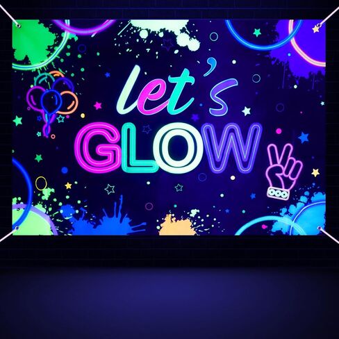 Glow Neon Birthday Backdrop - Glow in The Dark Party Banner Background Let’s Glow Crazy Background Photography Birthday Photo Booth Backdrop for Black Light Neon Party Supplies, 5.9x3.9ft in Kuwait
