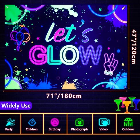 Glow Neon Birthday Backdrop - Glow in The Dark Party Banner Background Let’s Glow Crazy Background Photography Birthday Photo Booth Backdrop for Black Light Neon Party Supplies, 5.9x3.9ft in Kuwait