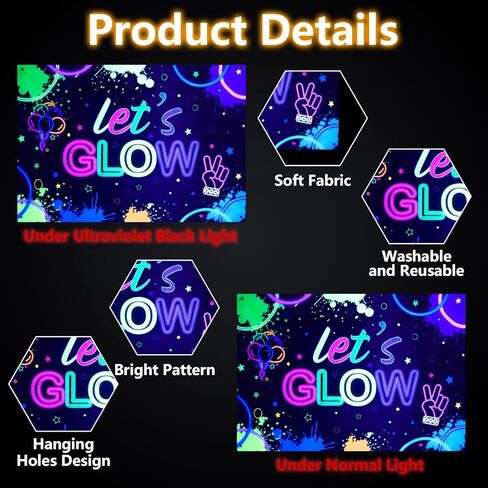 Glow Neon Birthday Backdrop - Glow in The Dark Party Banner Background Let’s Glow Crazy Background Photography Birthday Photo Booth Backdrop for Black Light Neon Party Supplies, 5.9x3.9ft in Kuwait