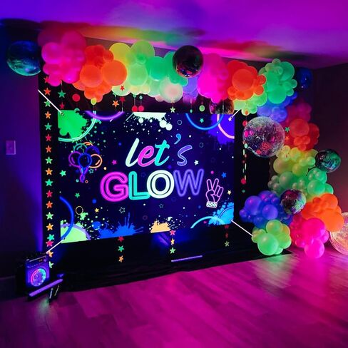 Glow Neon Birthday Backdrop - Glow in The Dark Party Banner Background Let’s Glow Crazy Background Photography Birthday Photo Booth Backdrop for Black Light Neon Party Supplies, 5.9x3.9ft in Kuwait