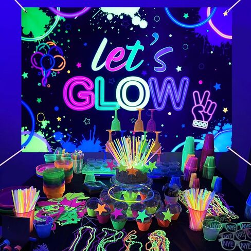Glow Neon Birthday Backdrop - Glow in The Dark Party Banner Background Let’s Glow Crazy Background Photography Birthday Photo Booth Backdrop for Black Light Neon Party Supplies, 5.9x3.9ft in Kuwait