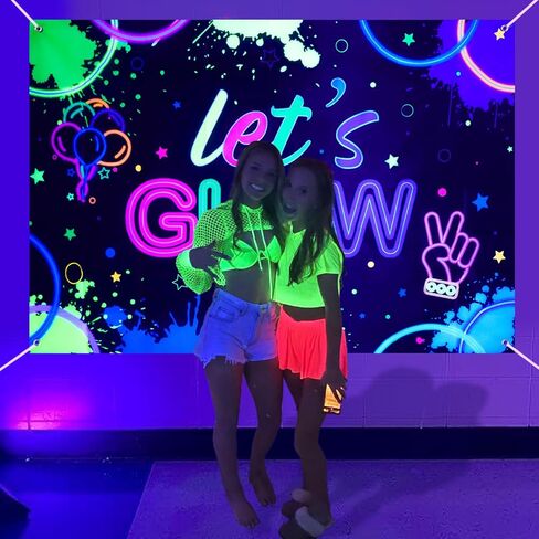 Glow Neon Birthday Backdrop - Glow in The Dark Party Banner Background Let’s Glow Crazy Background Photography Birthday Photo Booth Backdrop for Black Light Neon Party Supplies, 5.9x3.9ft in Kuwait