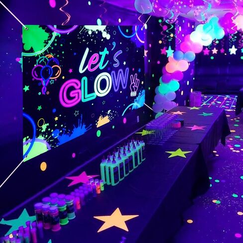 Glow Neon Birthday Backdrop - Glow in The Dark Party Banner Background Let’s Glow Crazy Background Photography Birthday Photo Booth Backdrop for Black Light Neon Party Supplies, 5.9x3.9ft in Kuwait