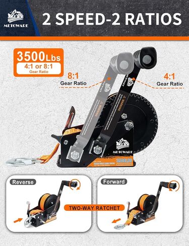 METOWARE 1600LBs Boat Trailer Winch with 26 Ft(8M) Polyester Strap, Hand Winch Heavy Duty Hook 2-Way Ratchet 4:1 Gear, Portable Hand Crank Winch for Boat, Trucks, ATV, Trailer, Jet Ski in Saudi Arabia